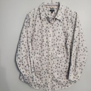 Talbots Women's Gray Black Pink White Floral Button Up Long Sleeve Top 14W NWOT